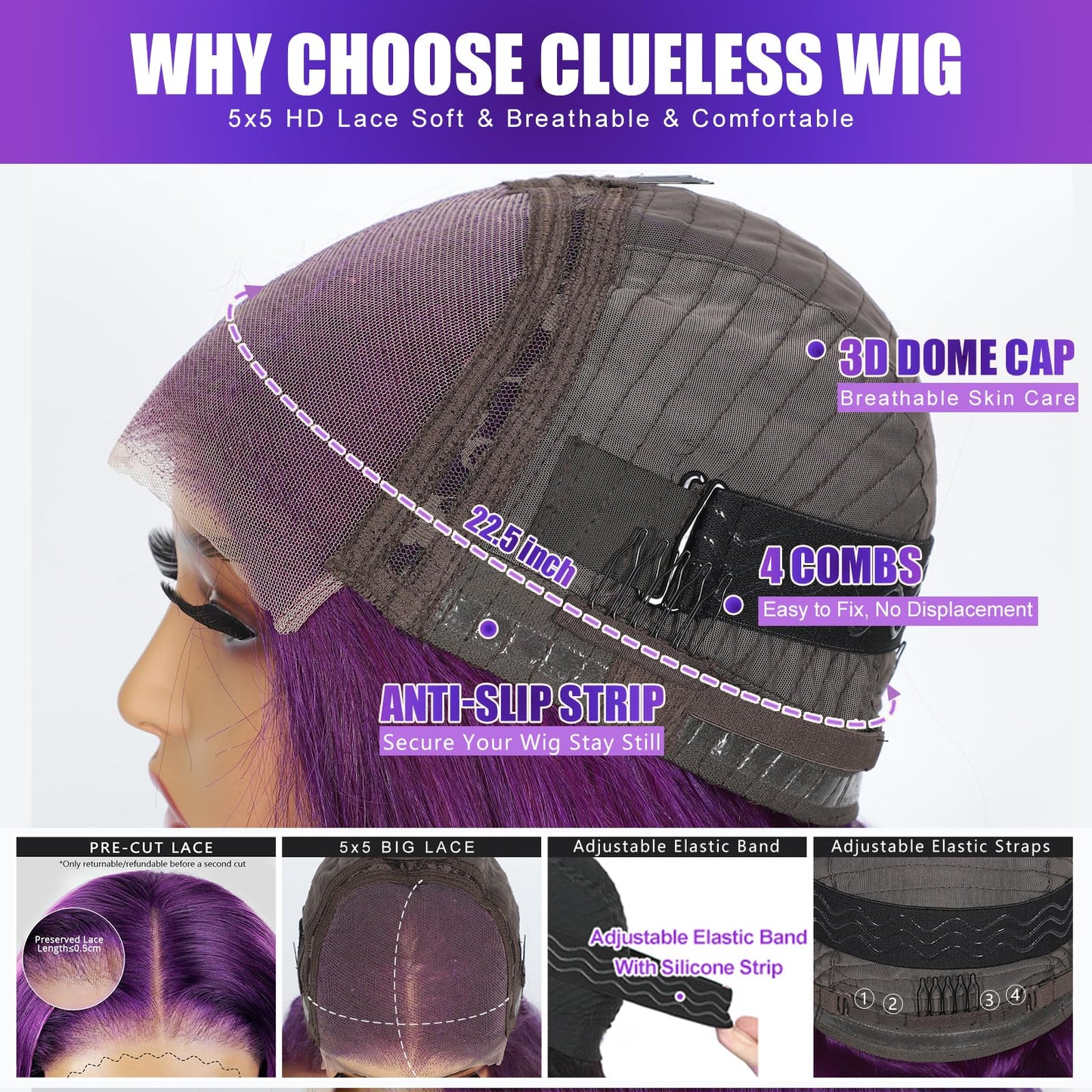 Glueless Purple Lace Front Wigs Human Hair for Women 5x5 Purple Body Wave Frontal Wigs 200% Density Pre Plucked HD Transparent Lace Closure Colored Human Hair Wig 18 Inch