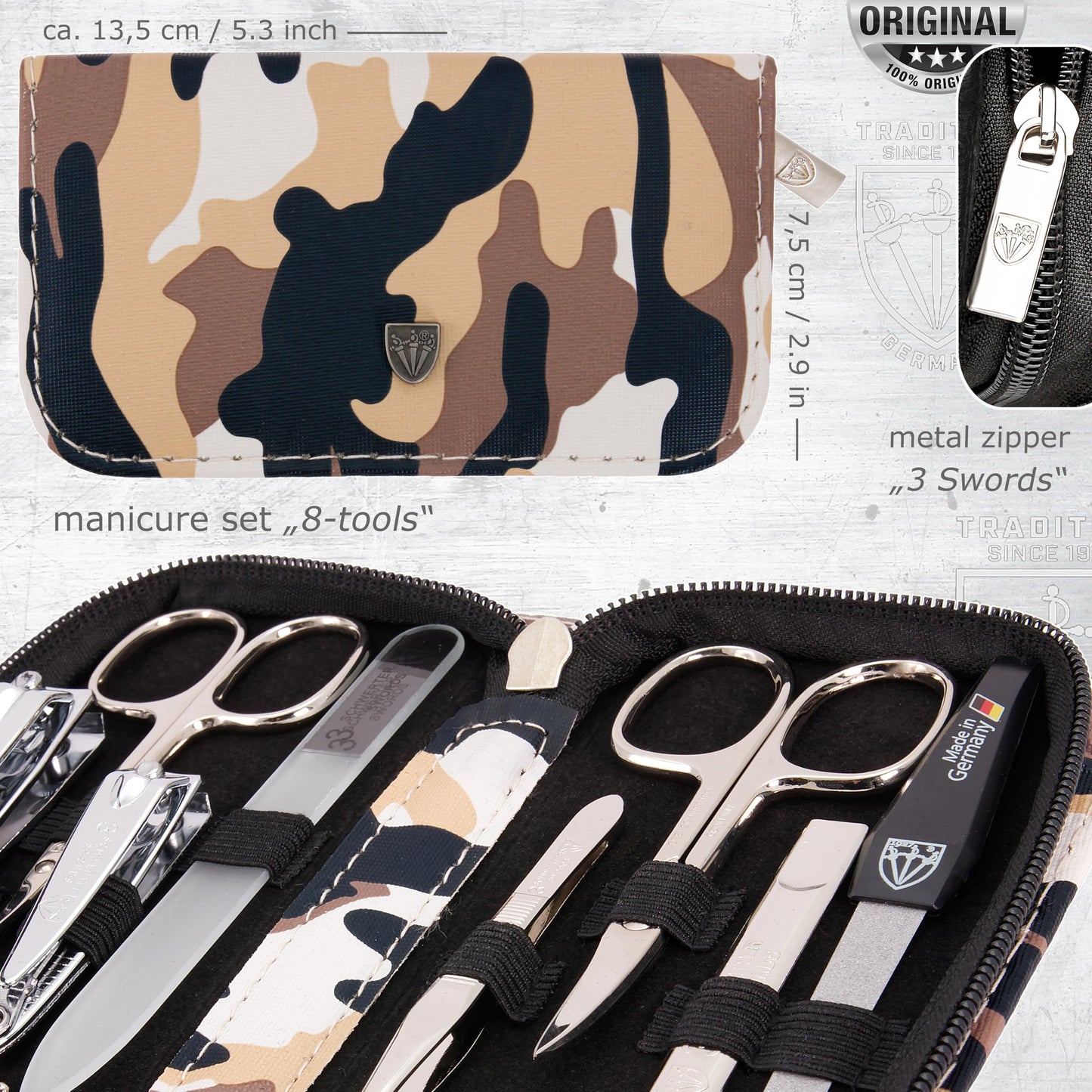 3 Swords Germany - brand quality 8 piece manicure pedicure grooming kit set synthetic leather case camouflage - Made in Germany