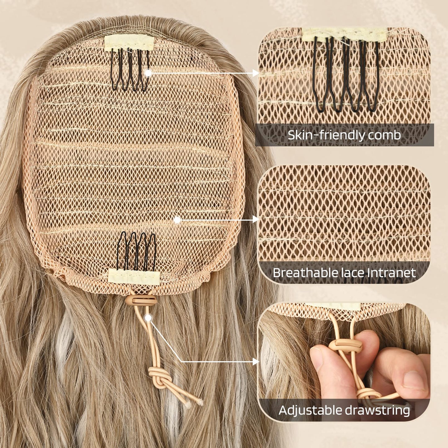 FLUFYMOOZ Ponytail Extension, 26 Inch Drawstring Ponytail Hair Extensions for Women, Long Curly Wavy Ponytail Natural Wavy Synthetic Hairpiece for Women (26" Ash Brown with Blonde Highlights)