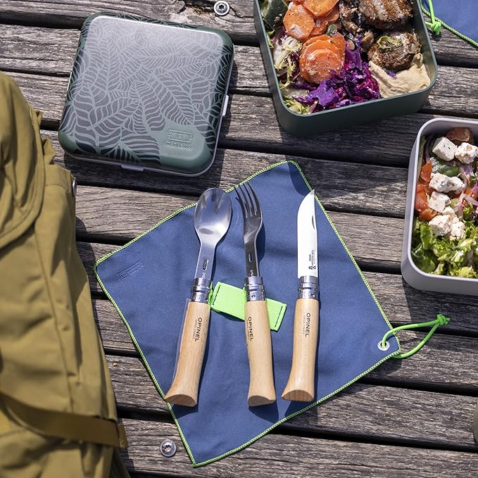 Opinel Picnic+ Cutlery Full Set, No.8 Stainless Steel Knife, Fork and Spoon Insert, Micro Fiber Napkin