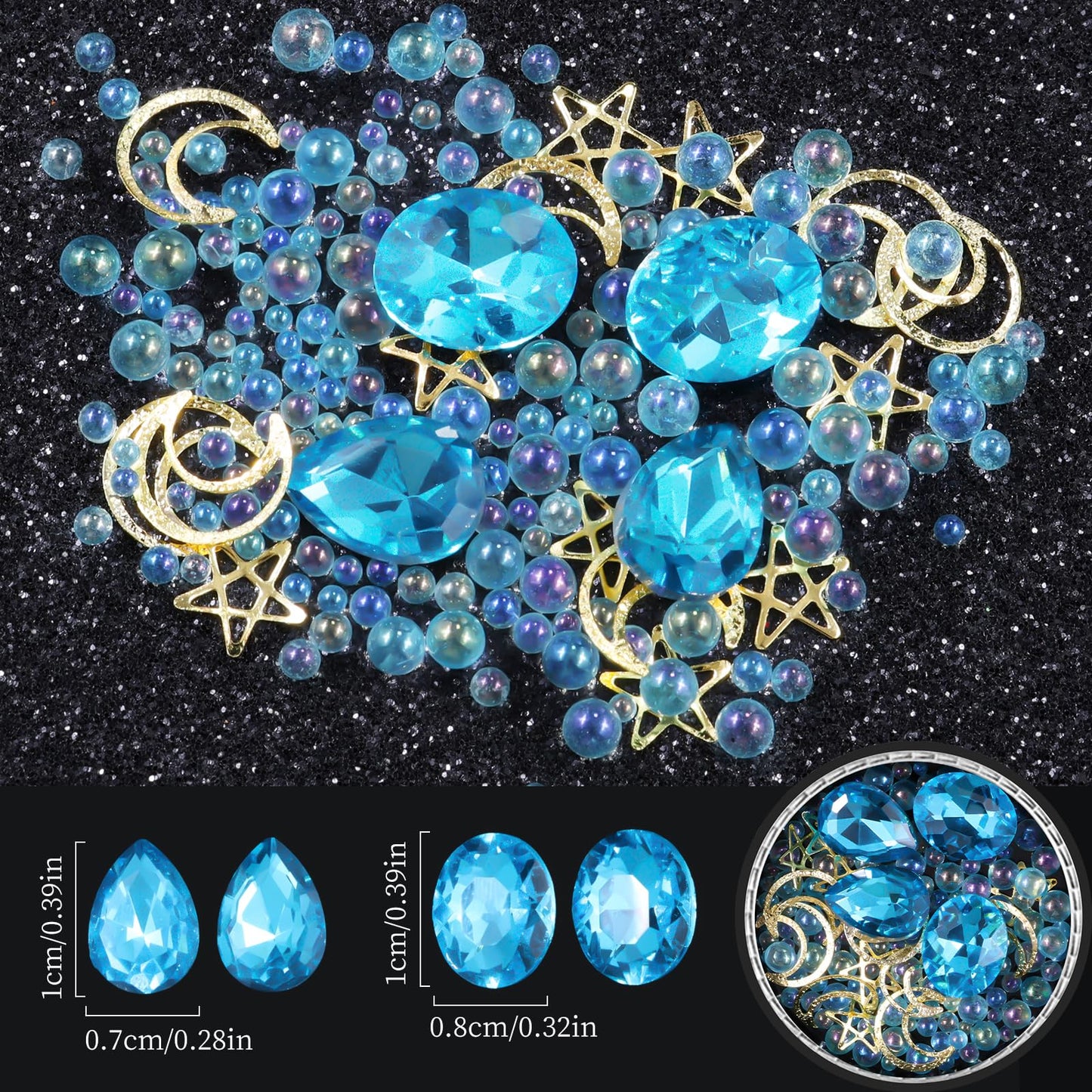 6 Wheels Mixed Sparkle Nail Art Rhinestones Diamonds Crystals Butterfly Beads Artificial Pearls Gold Silver Nail Studs Gems Metal Hollow Rivets Charms (Lake Blue)