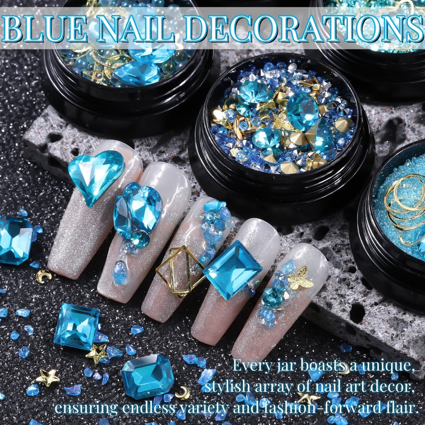 6 Wheels Mixed Sparkle Nail Art Rhinestones Diamonds Crystals Butterfly Beads Artificial Pearls Gold Silver Nail Studs Gems Metal Hollow Rivets Charms (Lake Blue)