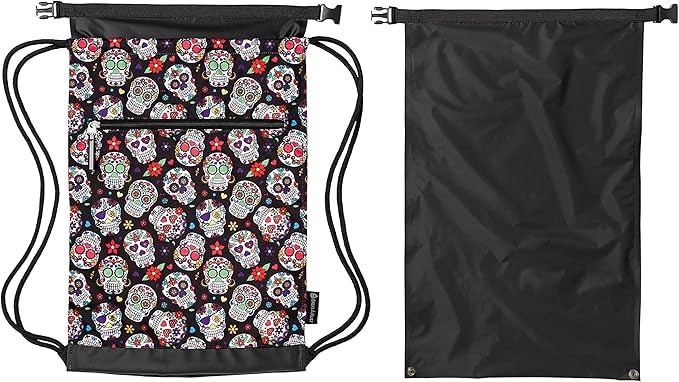 Skog Å Kust GymSak | Patented 2-in-1 Drawstring Cinch Bag with Removable Waterproof Dry Bag | Sugar Skulls
