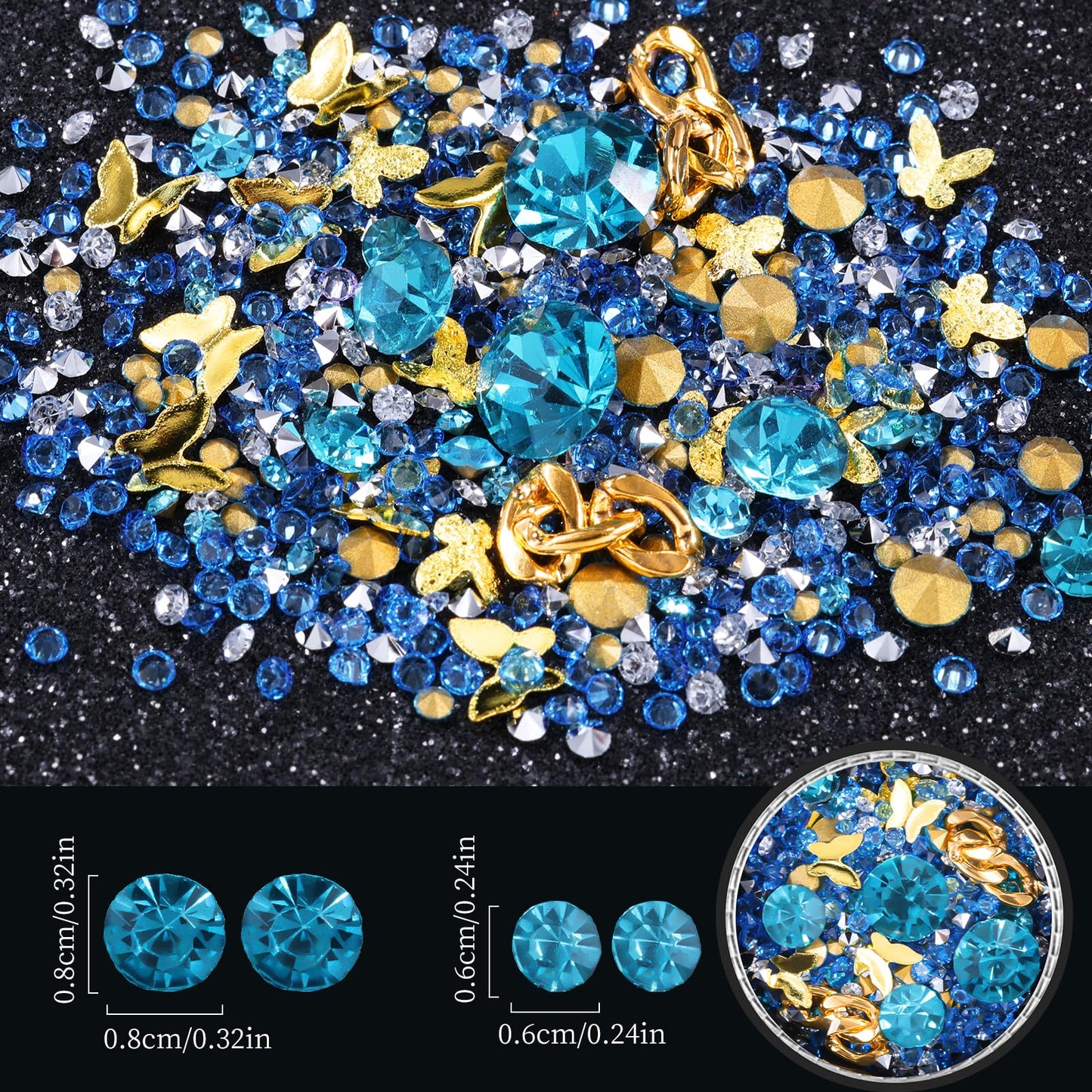 6 Wheels Mixed Sparkle Nail Art Rhinestones Diamonds Crystals Butterfly Beads Artificial Pearls Gold Silver Nail Studs Gems Metal Hollow Rivets Charms (Lake Blue)