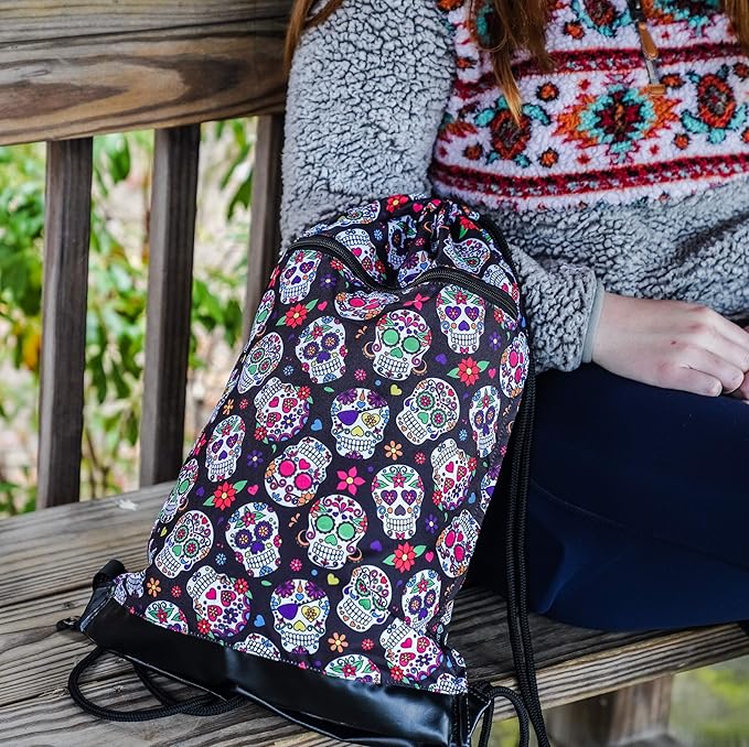 Skog Å Kust GymSak | Patented 2-in-1 Drawstring Cinch Bag with Removable Waterproof Dry Bag | Sugar Skulls