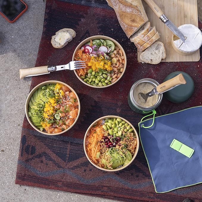 Opinel Picnic+ Cutlery Full Set, No.8 Stainless Steel Knife, Fork and Spoon Insert, Micro Fiber Napkin