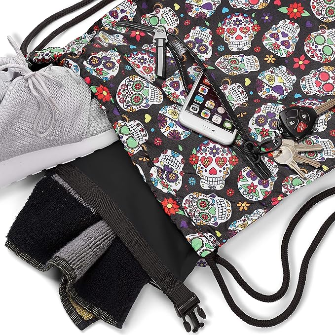 Skog Å Kust GymSak | Patented 2-in-1 Drawstring Cinch Bag with Removable Waterproof Dry Bag | Sugar Skulls