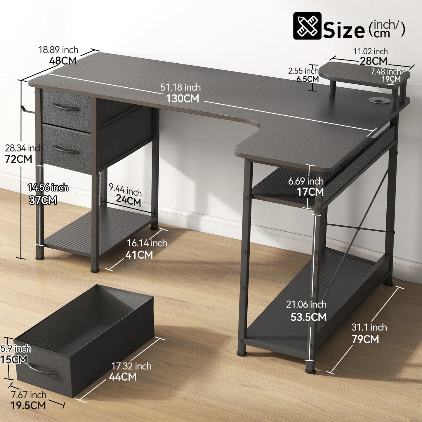 L-Shaped Gaming Desk with Drawers