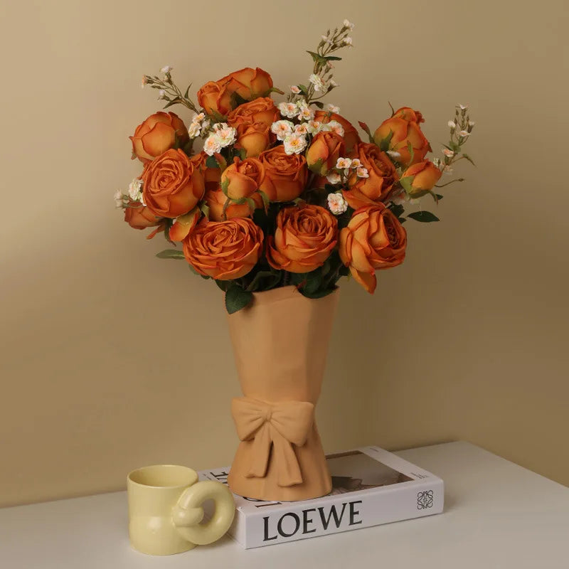 Green Aloes Silk Caramel Rose Bouquet