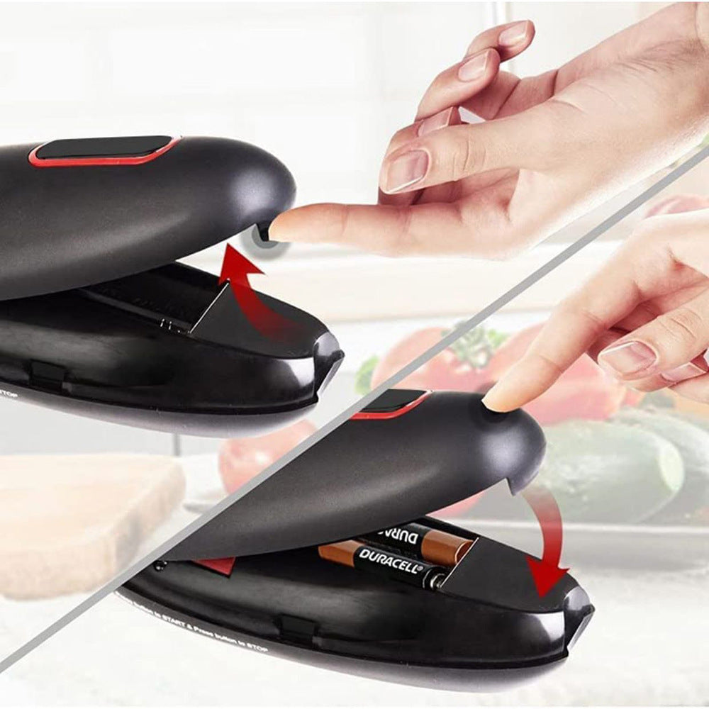 Electric can opener with one-touch operation, portable design, and hands-free functionality for easy jar, bottle, and can opening in the kitchen