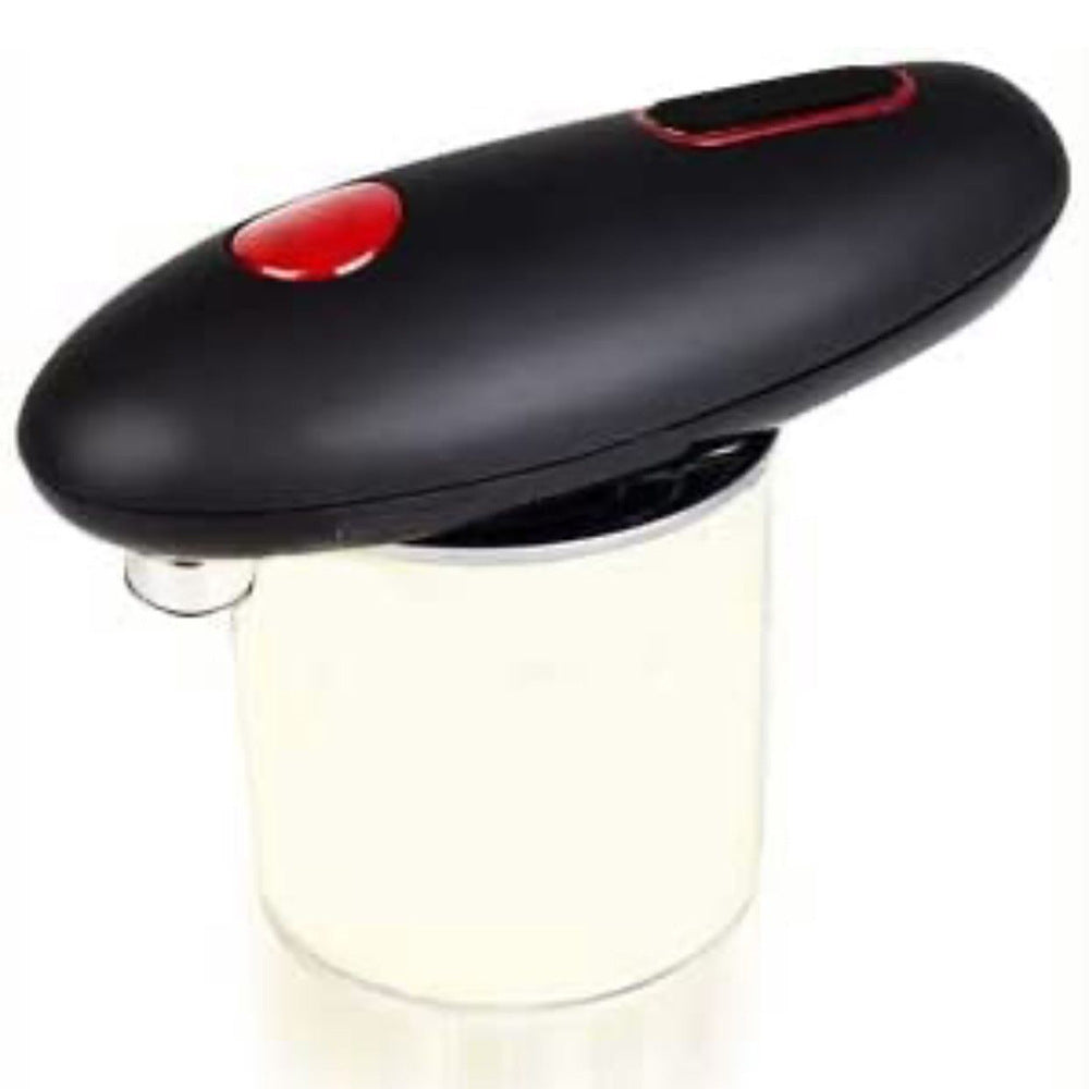 Electric can opener with one-touch operation, portable design, and hands-free functionality for easy jar, bottle, and can opening in the kitchen