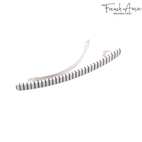 French Amie Long and Thin Black White Large 4” Handmade Celluloid Automatic Hair Clip Barrette for Women and Girls (Stripe)