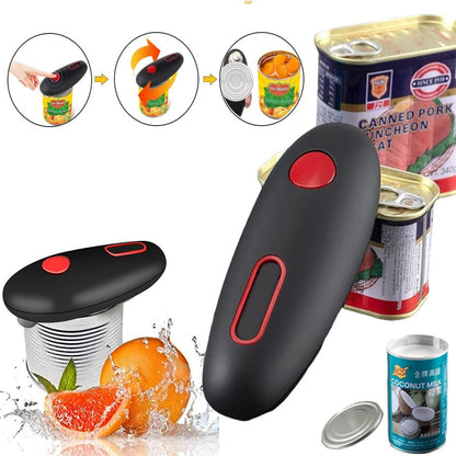 Electric can opener with one-touch operation, portable design, and hands-free functionality for easy jar, bottle, and can opening in the kitchen