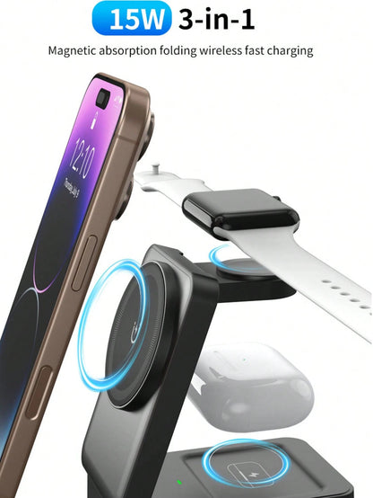3-in-1 15W Fast Wireless Charging Station for iPhone, Watch & Earbuds