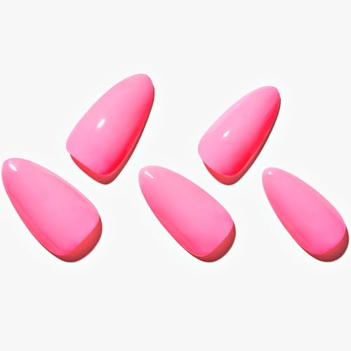 GLAMERMAID Press on Nails Medium Almond, Spring Summer Handmade Hot Pink Gel Glue on Nail, 24Pcs Glossy Short Stiletto Reusable UV Finish Fake Nails Acrylic False Nails Manicure Kits for Women