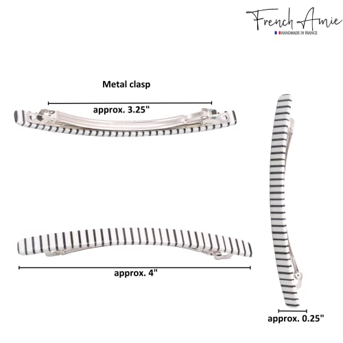 French Amie Long and Thin Black White Large 4” Handmade Celluloid Automatic Hair Clip Barrette for Women and Girls (Stripe)