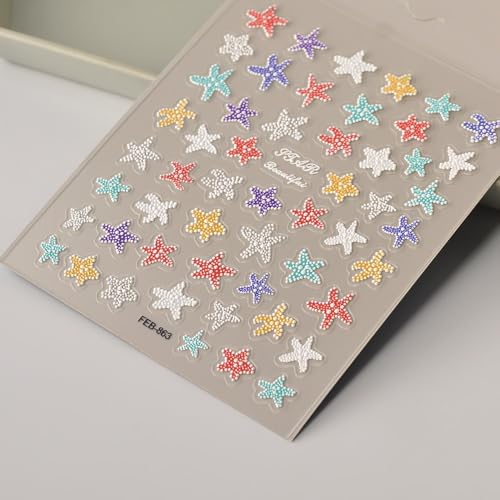 5D Embossed Starfish Nail Art Stickers Starfish Nail Stickers Colorful Ocean Nail Decals Self-Adhesive with Beach Designs Summer Nail Supplies for Women Girls Acrylic Nails DIY Manicure