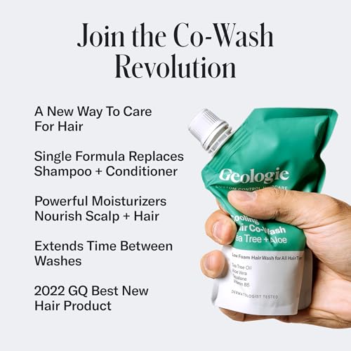Geologie Cooling Hair Co-Wash | 4-in-1 Hair Cleanser, Conditioner, Mask & Serum | Tea Tree Oil, Aloe Vera, Squalane & Vitamin B5 Formula For Men & Women | Eco-Friendly Pouch 84% Less Plastic