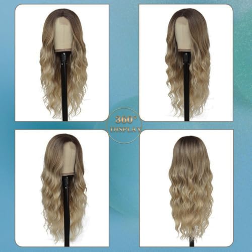 HMHIFI Long Ombre Blonde Wigs for Women 26 inch Long Wavy Middle Part Wig Ombre Blonde Wigs Upgraded Protein Fiber Hair Replacement Wig Cosplay Costume Halloween Wig(26'' Brown Ombre Blonde)