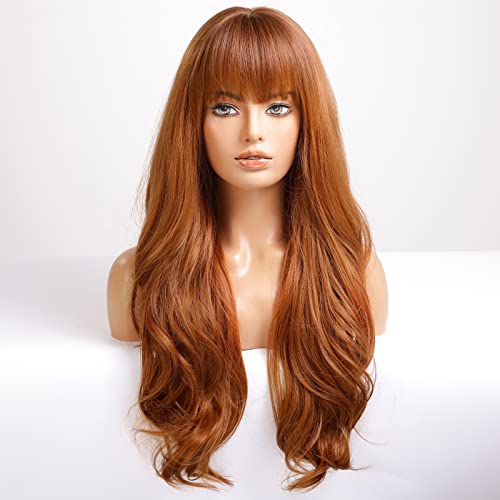 HAIRCUBE Orange Synthetic Women's Wig Layered Wigs with Bangs Long Wavy Heat Resistant Natural Wigs