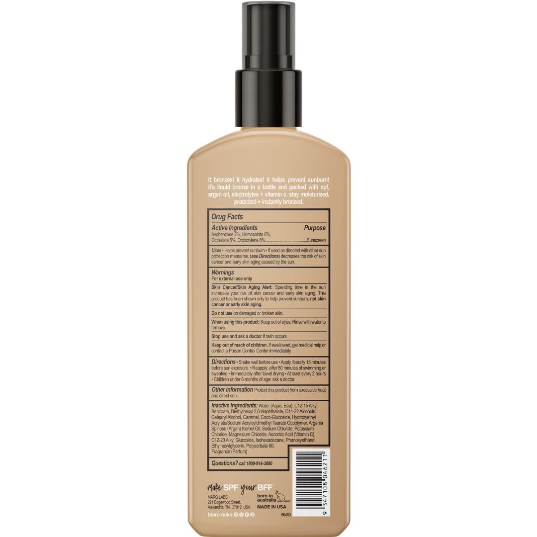 b.tan SPF 7 Sun Tanning Lotion Spray | Bronze In a Bottle - Best Tan Intensifier, Browning Outdoor Bronzing Accelerator, Packed with Argan Oil, Electrolytes, & Vitamin C, Austrailian Brand, 8.45 Fl Oz