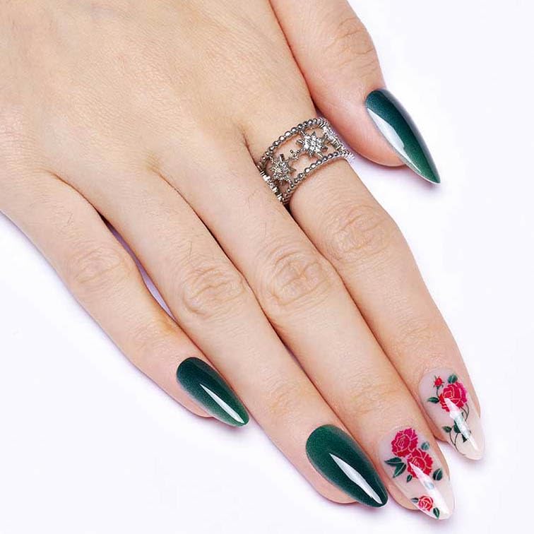 GLAMERMAID Deep Green Press on Nails Medium Almond, Rose Glossy Jelly Soft Gel Glue on Nails Stiletto, Autumn Flower Fern Fake Nails Short Oval, Reusable Acrylic Stick on False Nails Kit for Women