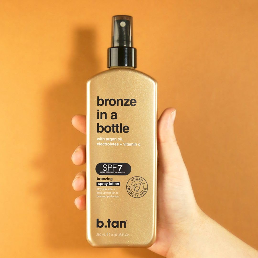 b.tan SPF 7 Sun Tanning Lotion Spray | Bronze In a Bottle - Best Tan Intensifier, Browning Outdoor Bronzing Accelerator, Packed with Argan Oil, Electrolytes, & Vitamin C, Austrailian Brand, 8.45 Fl Oz