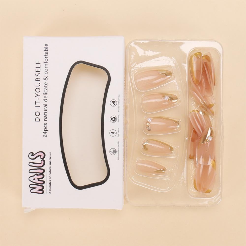 Gold French Tip Press on Nails Nude Fake Nails Medium Almond False Nails with Pearl Rhinestone Design Glossy Glue on Nails Artificial Acrylic Nail 3D Gold Stick on Nails for Women Girls Manicure 24Pcs