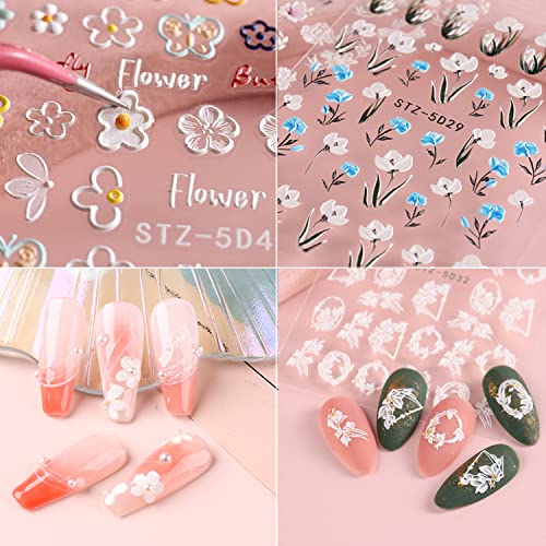 5D Embossed Flowers Nail Art Stickers for Acrylic Nails,8 Sheets Engraved Flower Butterfly Nail Decals Spring Summer Nail Art Accessories French Tips Nail Designs Self Adhesive Nail Stickers for Women