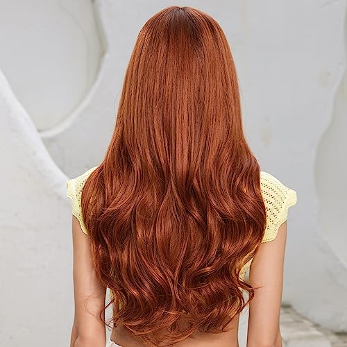 HAIRCUBE Orange Synthetic Women's Wig Layered Wigs with Bangs Long Wavy Heat Resistant Natural Wigs
