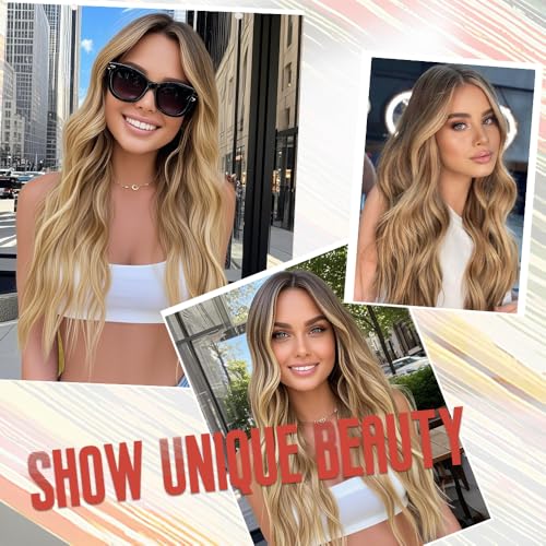 HMHIFI Long Ombre Blonde Wigs for Women 26 inch Long Wavy Middle Part Wig Ombre Blonde Wigs Upgraded Protein Fiber Hair Replacement Wig Cosplay Costume Halloween Wig(26'' Brown Ombre Blonde)