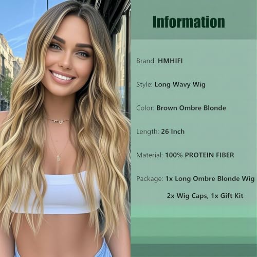 HMHIFI Long Ombre Blonde Wigs for Women 26 inch Long Wavy Middle Part Wig Ombre Blonde Wigs Upgraded Protein Fiber Hair Replacement Wig Cosplay Costume Halloween Wig(26'' Brown Ombre Blonde)