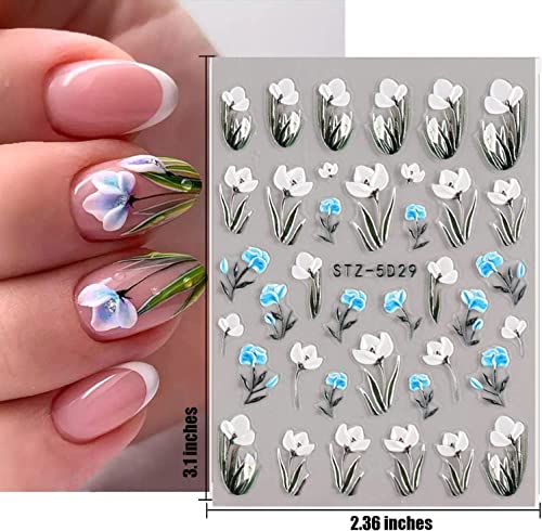 5D Embossed Flowers Nail Art Stickers for Acrylic Nails,8 Sheets Engraved Flower Butterfly Nail Decals Spring Summer Nail Art Accessories French Tips Nail Designs Self Adhesive Nail Stickers for Women