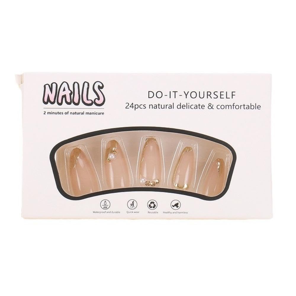 Gold French Tip Press on Nails Nude Fake Nails Medium Almond False Nails with Pearl Rhinestone Design Glossy Glue on Nails Artificial Acrylic Nail 3D Gold Stick on Nails for Women Girls Manicure 24Pcs