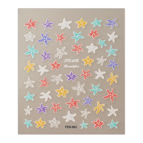 5D Embossed Starfish Nail Art Stickers Starfish Nail Stickers Colorful Ocean Nail Decals Self-Adhesive with Beach Designs Summer Nail Supplies for Women Girls Acrylic Nails DIY Manicure