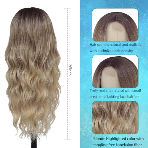 HMHIFI Long Ombre Blonde Wigs for Women 26 inch Long Wavy Middle Part Wig Ombre Blonde Wigs Upgraded Protein Fiber Hair Replacement Wig Cosplay Costume Halloween Wig(26'' Brown Ombre Blonde)