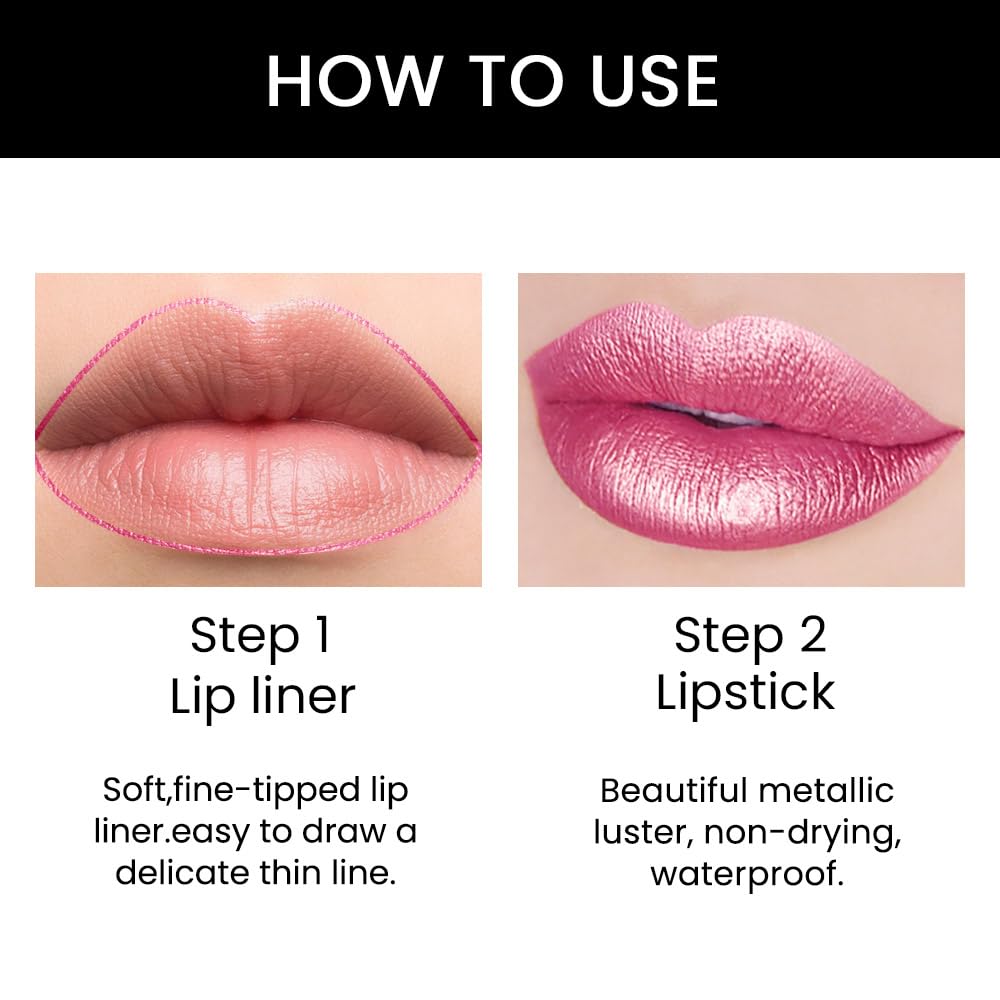 HHLTOH 2-in-1 Rose Lip Liner & Lipstick Set Kit for Women, Metallic Lips Kit with Lip Liner Lip Stains Long Lasting Waterproof 24 Hour Lipstick and Lip Liners Combo Lipliners Pencil Set 21