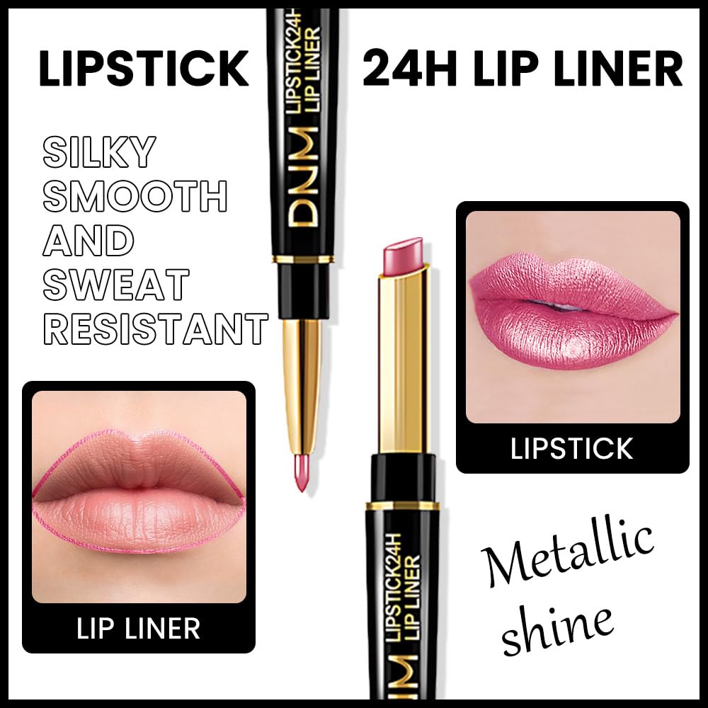 HHLTOH 2-in-1 Rose Lip Liner & Lipstick Set Kit for Women, Metallic Lips Kit with Lip Liner Lip Stains Long Lasting Waterproof 24 Hour Lipstick and Lip Liners Combo Lipliners Pencil Set 21