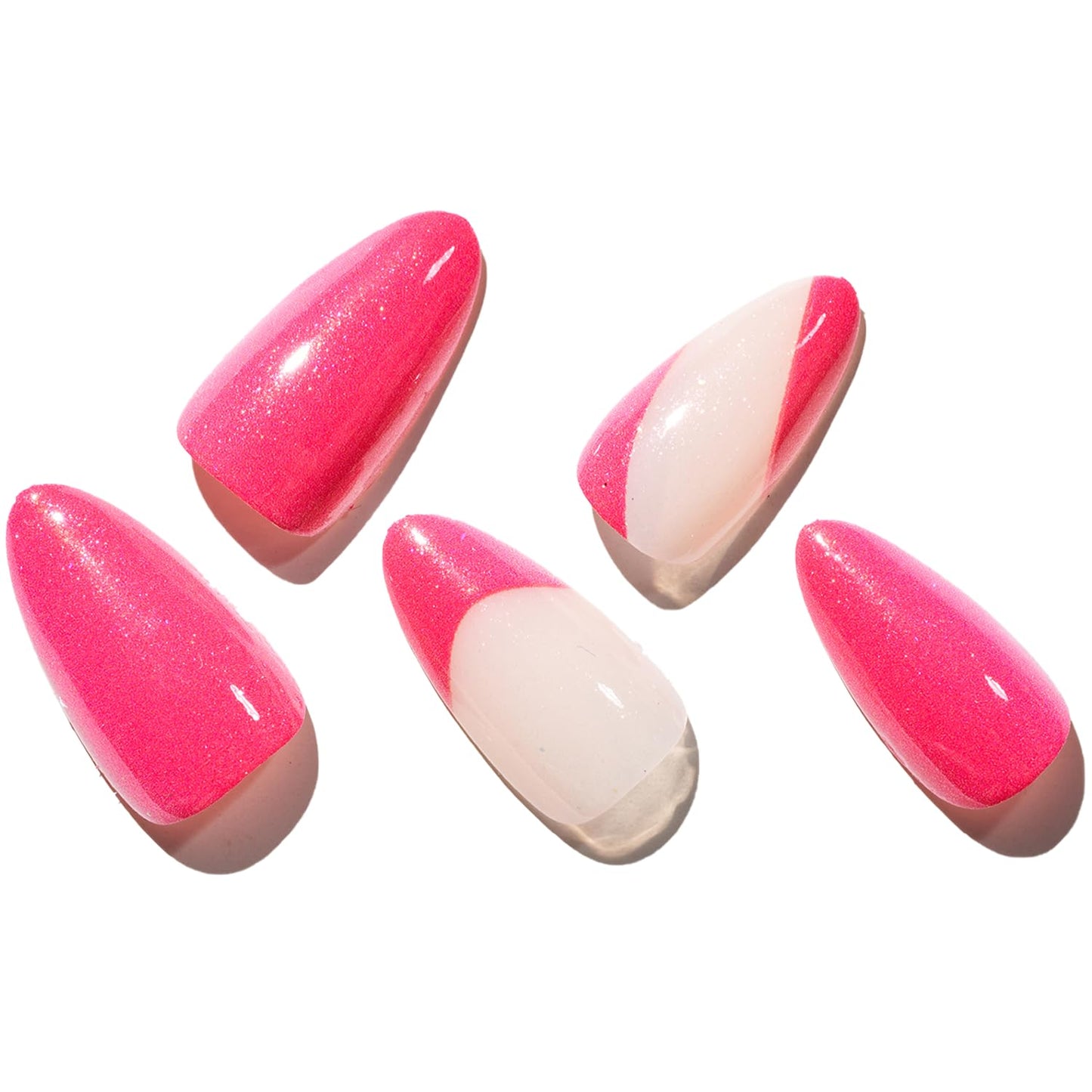 GLAMERMAID Hot Pink Press on Nails Medium Almond, Nude French Tip Fake Crush Nails,Shrimmer Stiletto Fake Nails, Short Oval Stick Glue on Nails Tips for Women, Reusable Acrylic False Nail Kits