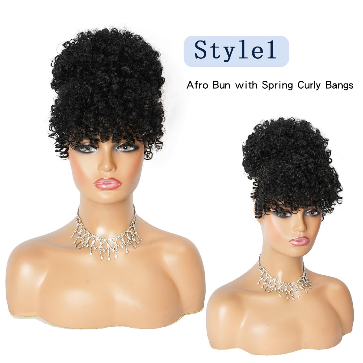 Cetiq Afro Puff Drawstring Ponytail for Black Women Pineapple Updo Hair Short Kinky Curly Ponytail Bun with 2 Replaceable Bangs, 3 Piece Set (1B)