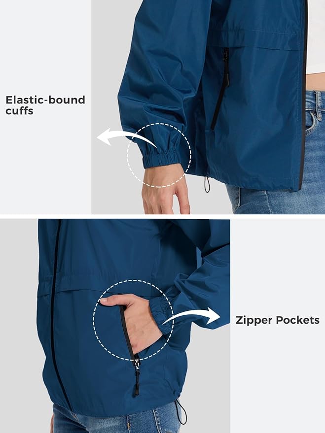 SaphiRose Lightweight Rain Jacket Women Waterproof Breathable Raincoat Packable Hooded Windbreaker