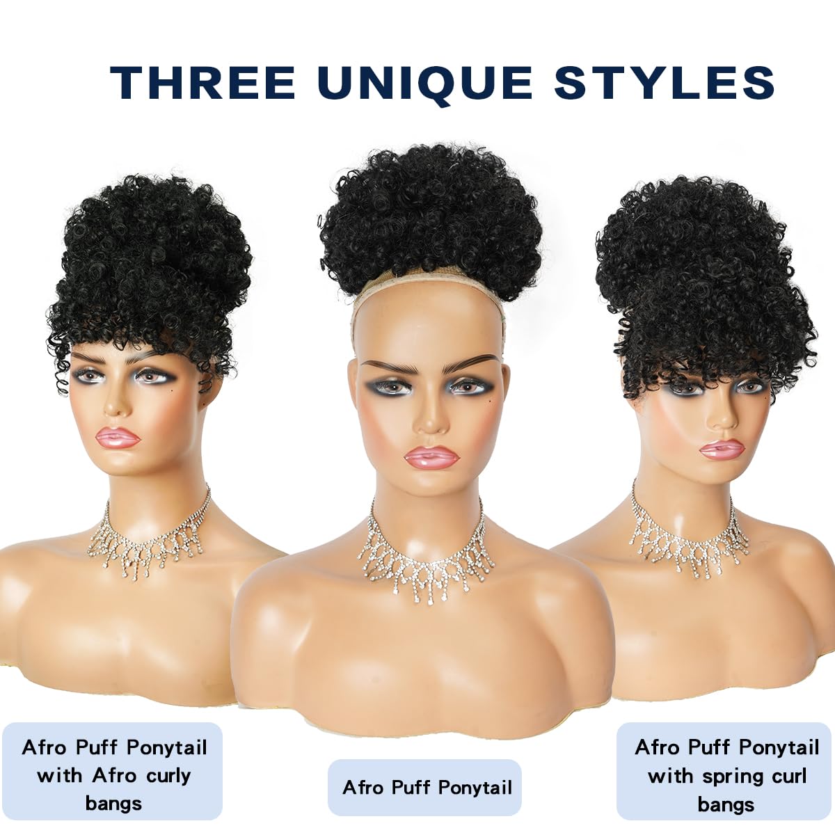 Cetiq Afro Puff Drawstring Ponytail for Black Women Pineapple Updo Hair Short Kinky Curly Ponytail Bun with 2 Replaceable Bangs, 3 Piece Set (1B)