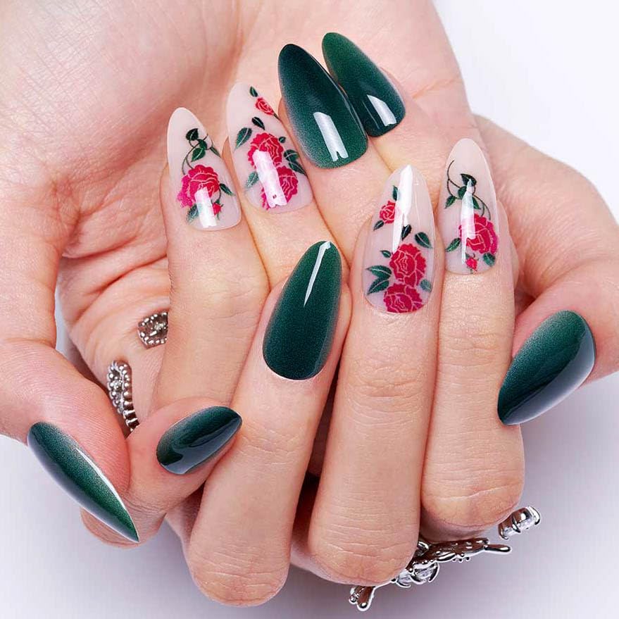GLAMERMAID Deep Green Press on Nails Medium Almond, Rose Glossy Jelly Soft Gel Glue on Nails Stiletto, Autumn Flower Fern Fake Nails Short Oval, Reusable Acrylic Stick on False Nails Kit for Women