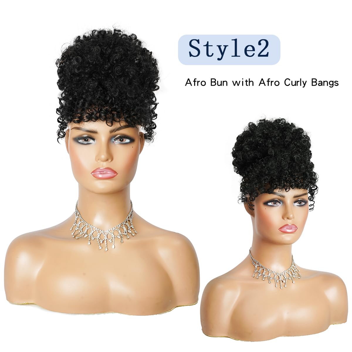 Cetiq Afro Puff Drawstring Ponytail for Black Women Pineapple Updo Hair Short Kinky Curly Ponytail Bun with 2 Replaceable Bangs, 3 Piece Set (1B)