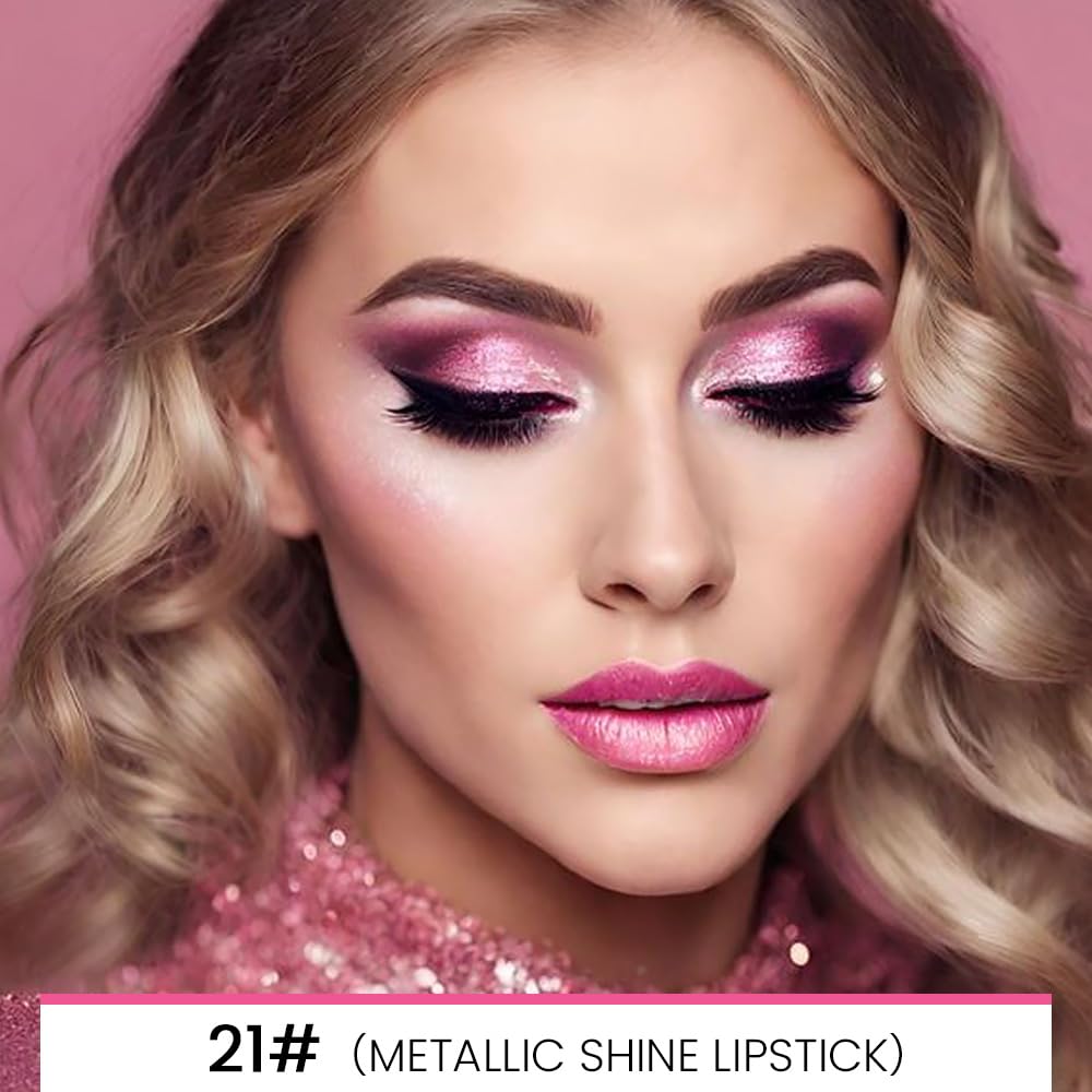 HHLTOH 2-in-1 Rose Lip Liner & Lipstick Set Kit for Women, Metallic Lips Kit with Lip Liner Lip Stains Long Lasting Waterproof 24 Hour Lipstick and Lip Liners Combo Lipliners Pencil Set 21