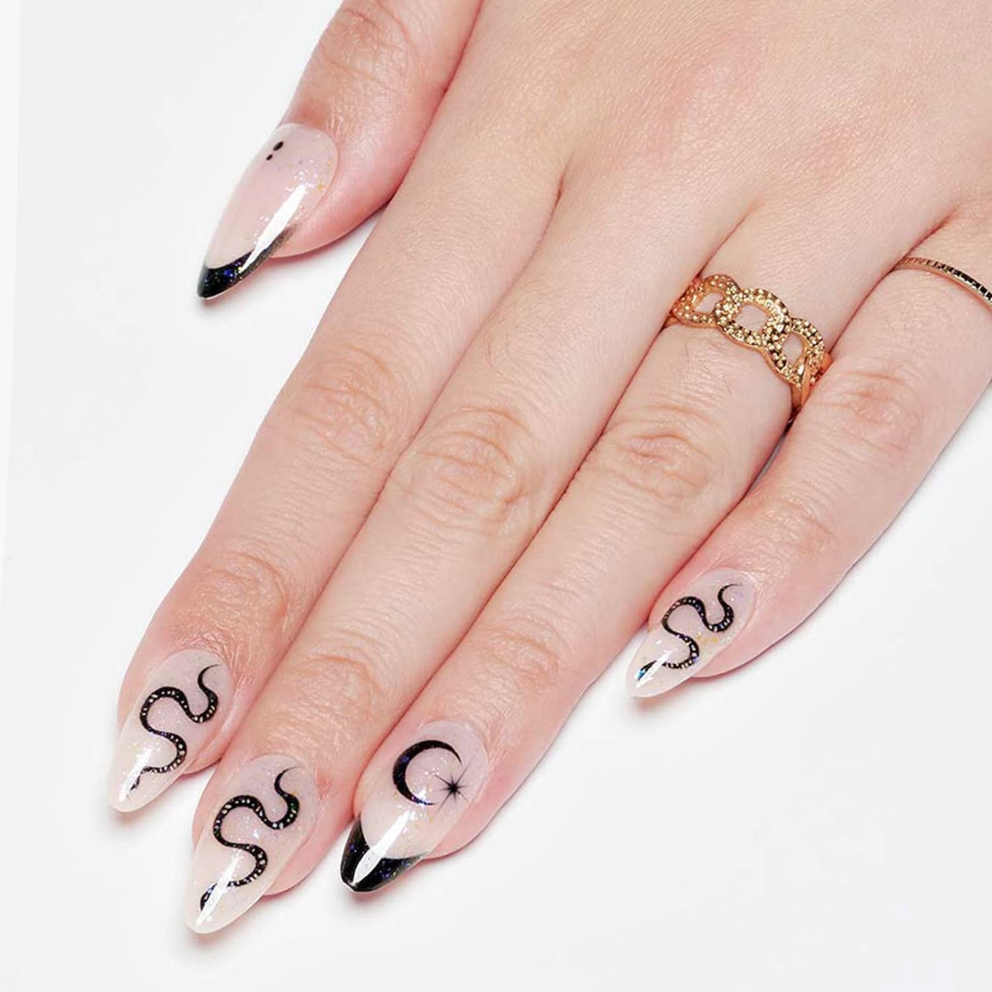 GLAMERMAID Nude White Press on Nail Medium Almond, Natural White Crush Nail, Stiletto Fake Nail with Glitter Snake Design, Short Oval Stick Glue on Nail Tips for Women, Reusable Acrylic False Nail Kit