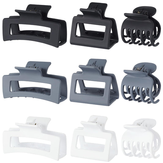 CHANDAT 3 Style Claw Hair Clips Set for Women - 9 pcs Medium Rectangle Clips for Thick Hair, Square Clips for Thin Hair - Grey