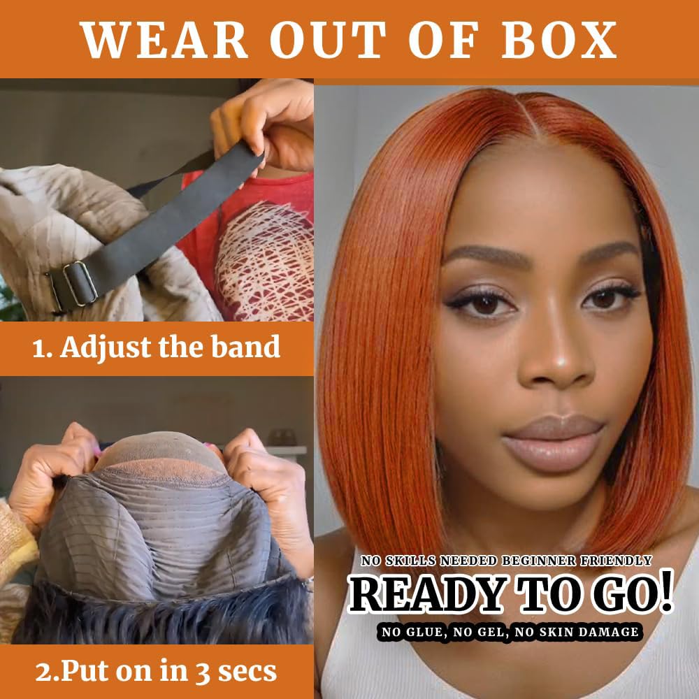 GUDOZO Reddish Brown Bob Wig Human Hair 10 inch 200% Density Glueless Wigs Human Hair Pre Plucked Pre Cut Glueless Wigs 9x6 HD Lace Front Wigs Human Hair for Black Women