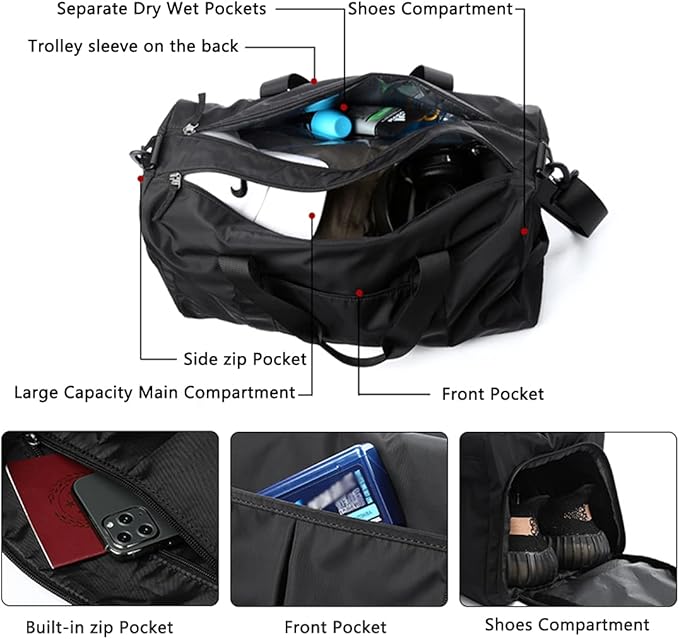 ZUEVI Sports Gym Duffel Bag for Men or Women Waterproof Weekender Travel Bag with Shoes Compartment Dry and Wet Separation for Training Swim Yoga(Black)