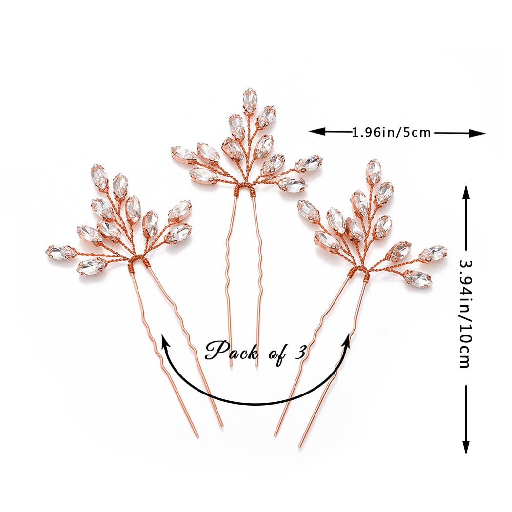 Heread Crystal Bride Wedding Hair Pins Rhinstones Bridal Hair Accessories Head Piece for Women and Girls (Pack of 3) (B Rose Gold)